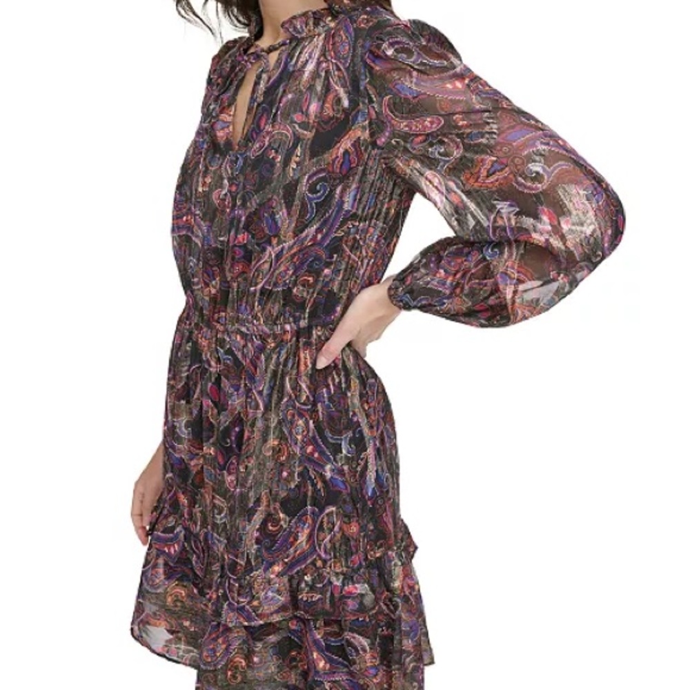 Vince Camuto Metallic Paisley Ruffled Tie-Neck Dress NWT size 12